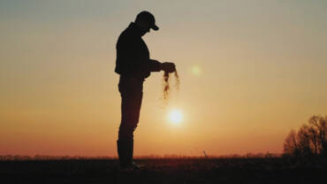 Silhouette of farmer standing in a field at sunset, holding soil in hands.