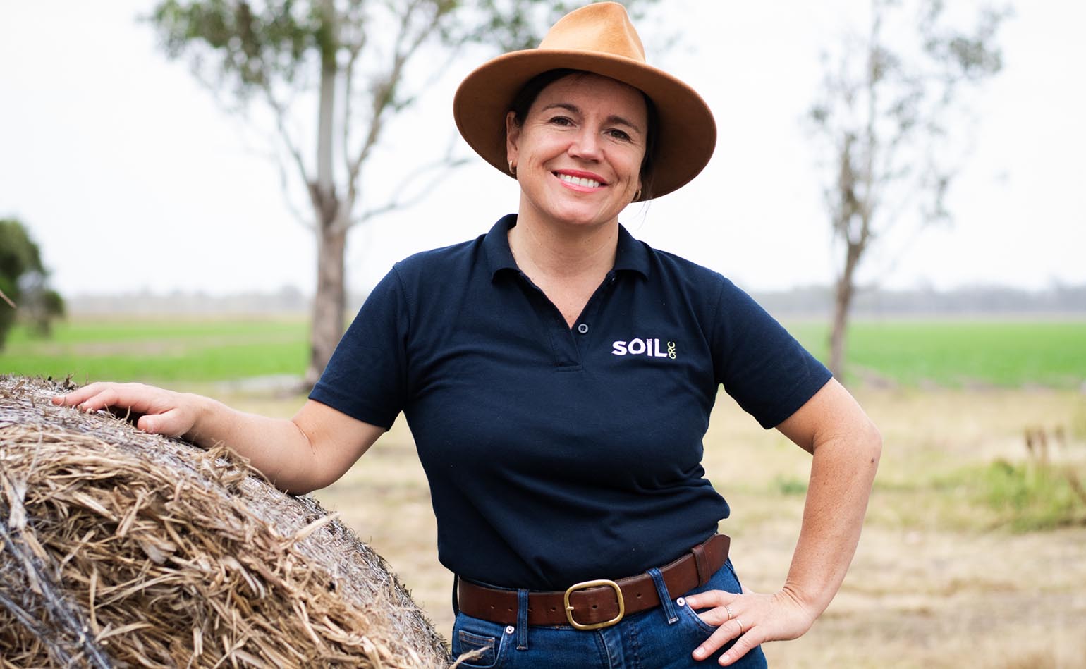 Soil CRC Project Leader Dr Hanabeth Luke standing in a grain farmer's property