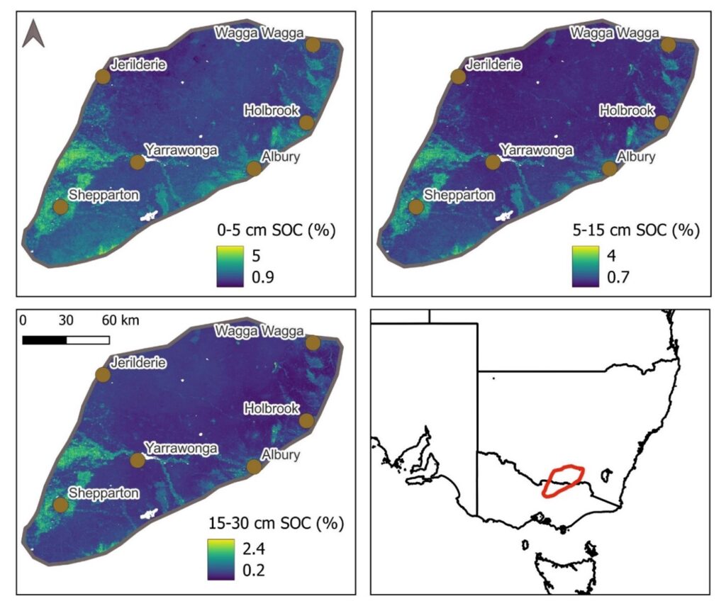 A grid containing four individual maps of the Riverine Plains region and highlighting the distribution of soil organic carbon.