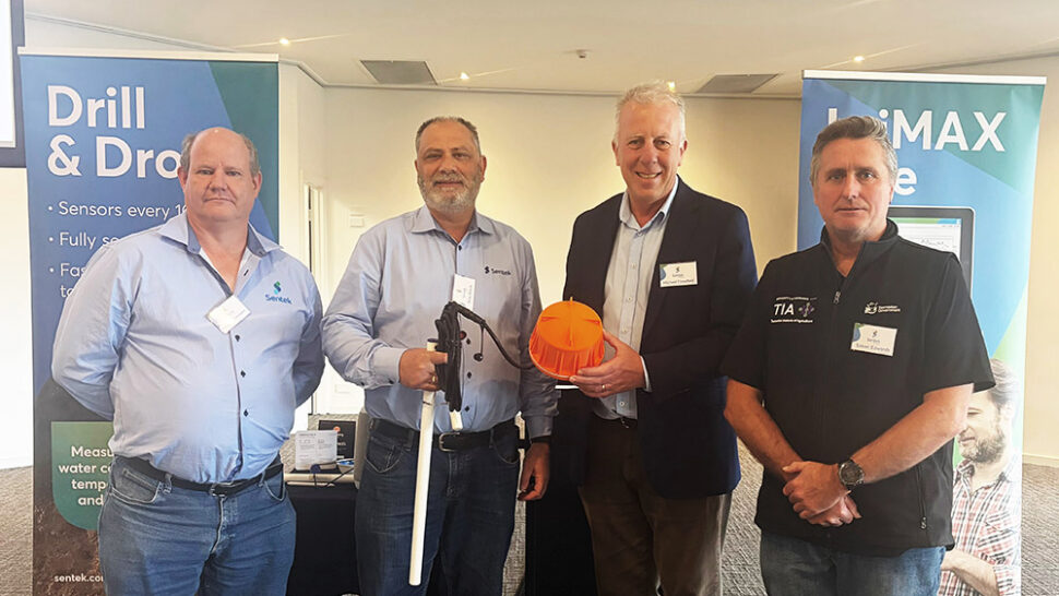 In the photo, from left to right, are Michael Portmann (Manager – Engineering R&D, Sentek), Nick Ktoris (Managing Director, Sentek), Michael Crawford (CEO, Soil CRC) and Simon Edwards (Lead Researcher, University of Tasmania) at the handover of the BILBY® wireless soil data transmitter from the Soil CRC to Sentek.