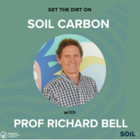Get the dirt on soil carbon podcast graphic featuring a profile photo of Professor RIchard Bell.